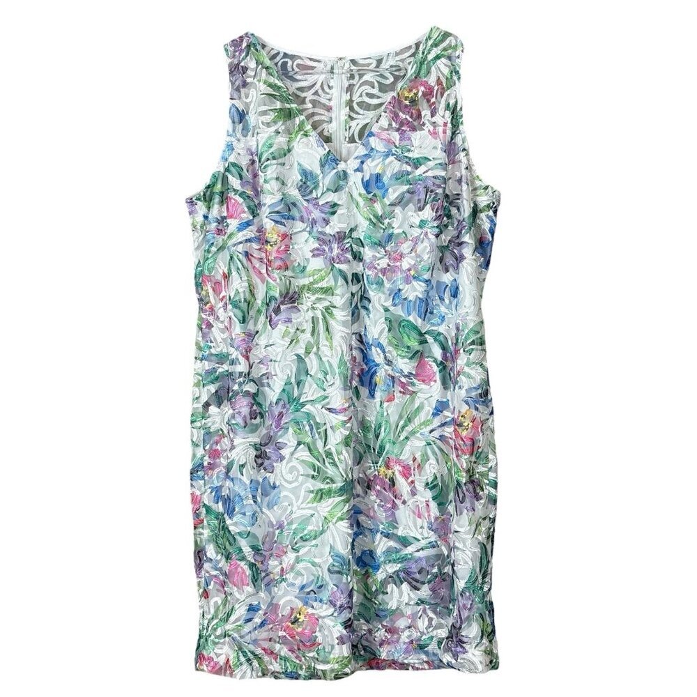 Tahari ASL Tropical Applique Mesh Sheer Cocktail Dress White Multicolor Size 14W